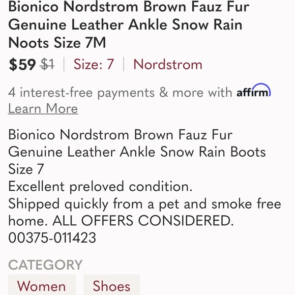 Bionico Nordstrom Brown Fauz Fur Genuine Leather Ankle Snow Rain Noots Size 7M - Picture 2 of 12